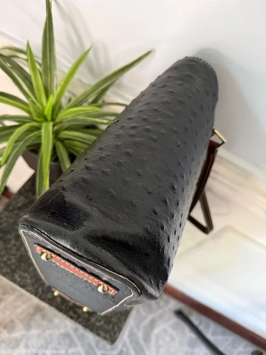 Dooney & Bourke Lexington Black Ostrich Style Leather Brown Trim Tote Bag - Picture 6 of 13